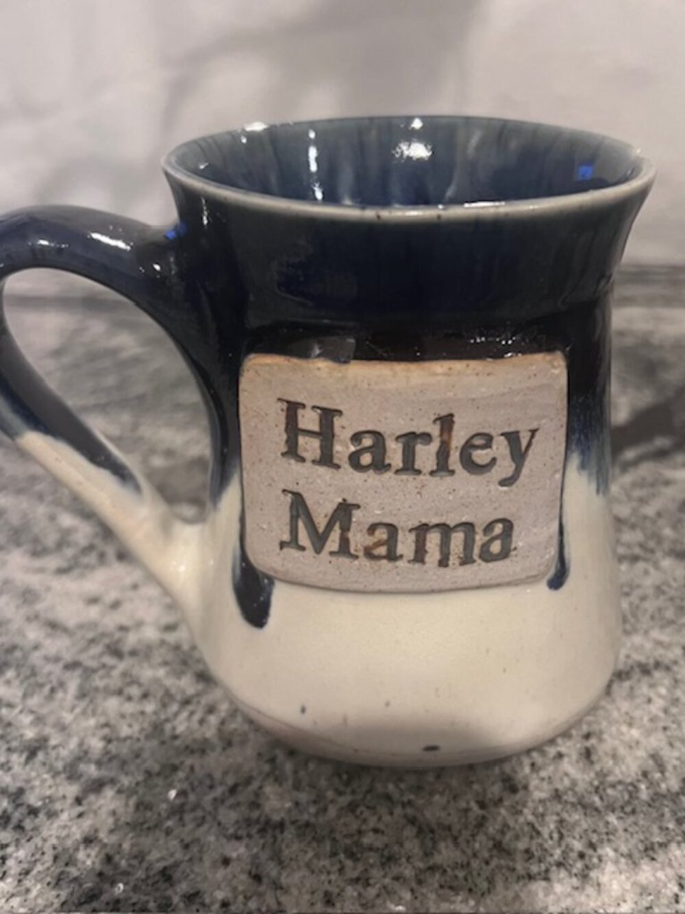 HARLEY MAMA handmade ceramic biker‎ mug. Blue & White glaze rustic handcrafted.